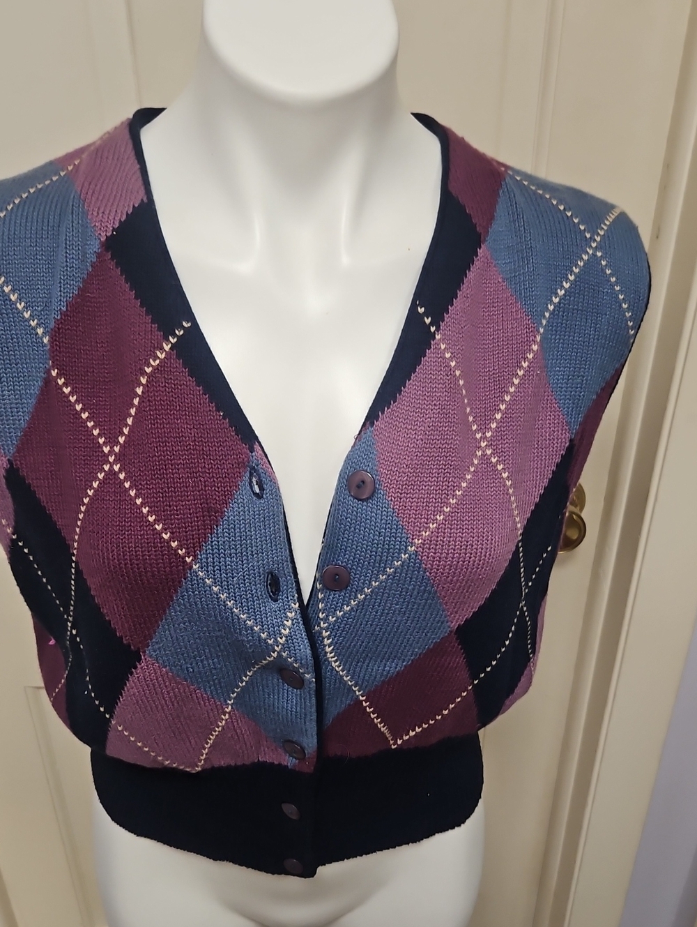 Christopher & Banks Navy and Plum Argyle Knit Vest